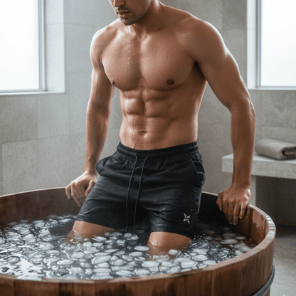 Man in black shorts sitting in a wooden bathtub filled with ice and water.